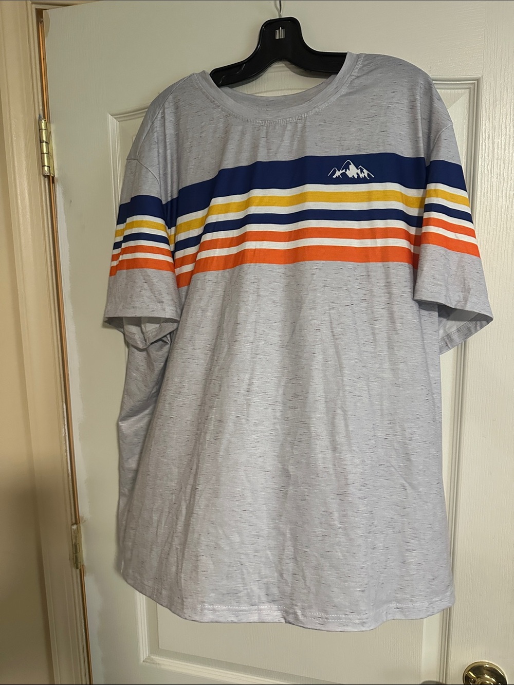 Men's Gray Crewneck Stripe T-Shirt with Blue, Yellow & Orange Bands